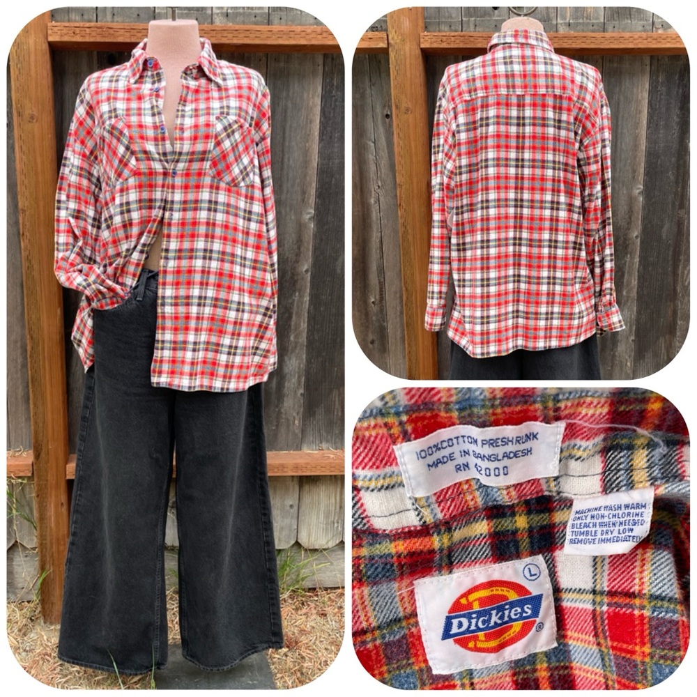Vintage Grunge Dickies Red and White Plaid Flannel Shirt